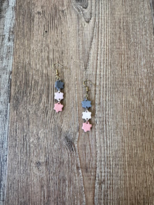 Blue and pink triple-tiered star earrings